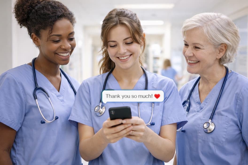 Nurses on a care unit sharing a patient thank-you message together